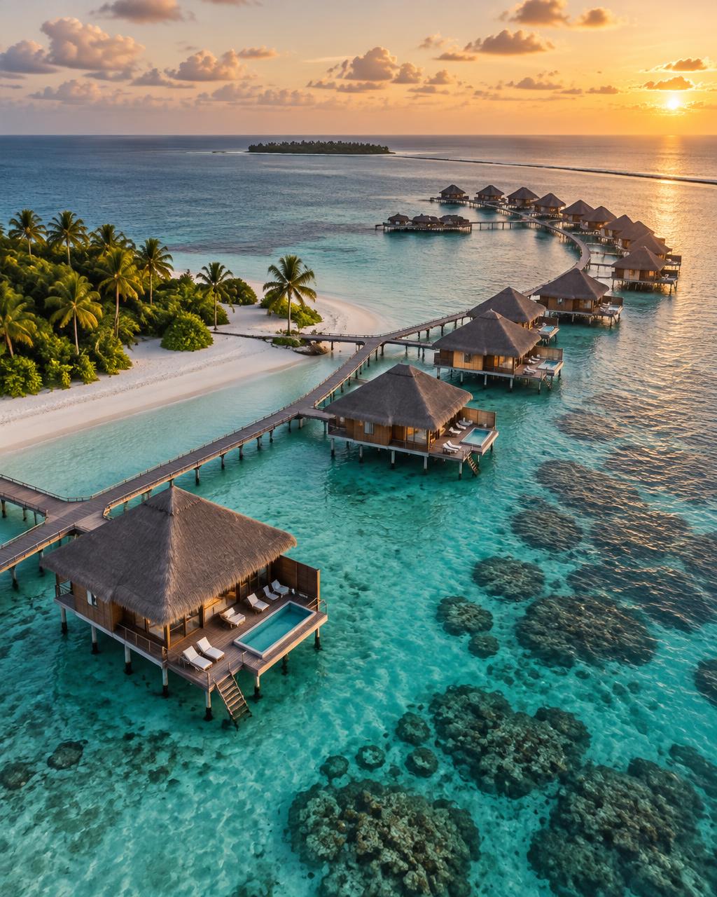 Maldives — Overwater villas and coral reefs.